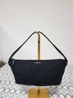 Authentic Gucci GG Canvas Boat Bag with Web Shoulder Strap